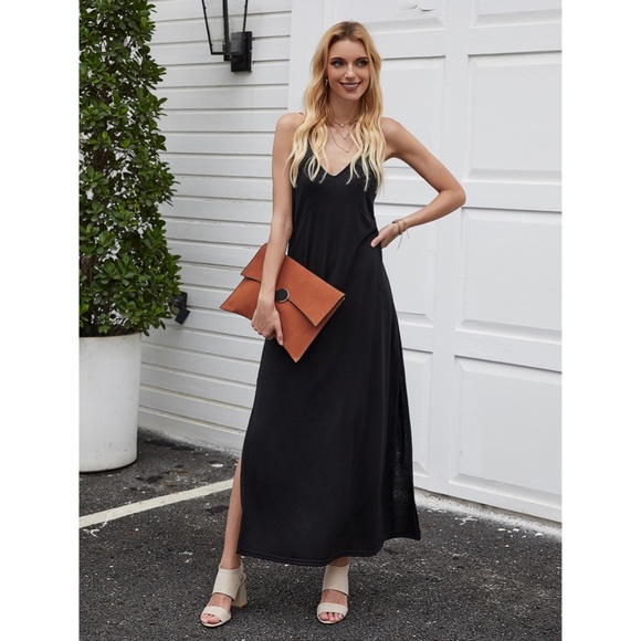 Black Cami Slip Casual Maxi Dress w/ Slits - Picture 4 of 9